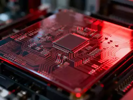 Nahaufnahme eines Mikrochips oder einer Siliziumwafer mit komplexen Schaltkreisen und einem roten Schimmer, der Dringlichkeit andeutet. - Foto: über boerse-global.de