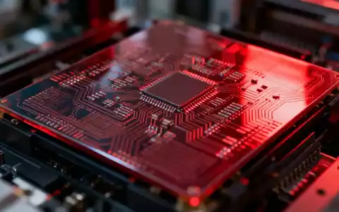 Nahaufnahme eines Mikrochips oder einer Siliziumwafer mit komplexen Schaltkreisen und einem roten Schimmer, der Dringlichkeit andeutet. - Foto: über boerse-global.de