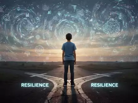 Eine junge Person steht an einer Weggabelung und blickt auf eine futuristische Landschaft mit KI-Symbolen und Krisen, während ein Pfad der Resilienz im Vordergrund liegt. - Foto: über boerse-global.de