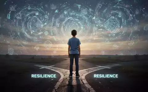 Eine junge Person steht an einer Weggabelung und blickt auf eine futuristische Landschaft mit KI-Symbolen und Krisen, während ein Pfad der Resilienz im Vordergrund liegt. - Foto: über boerse-global.de