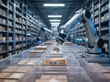 Ein hochmodernes, automatisiertes Lager mit Robotern, die Pakete und Kleinteile in einem dicht gestapelten Gittersystem sortieren. - Foto: über boerse-global.de