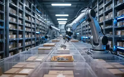 Ein hochmodernes, automatisiertes Lager mit Robotern, die Pakete und Kleinteile in einem dicht gestapelten Gittersystem sortieren. - Foto: über boerse-global.de