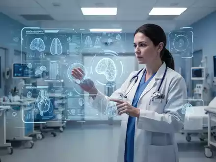 Eine medizinische Fachkraft interagiert mit einem holografischen Display, das medizinische Daten und KI-Symbole in einem modernen Krankenhaus zeigt. - Foto: über boerse-global.de
