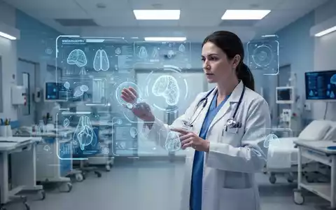 Eine medizinische Fachkraft interagiert mit einem holografischen Display, das medizinische Daten und KI-Symbole in einem modernen Krankenhaus zeigt. - Foto: über boerse-global.de