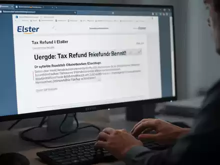 Nahaufnahme eines Computerbildschirms mit einer gefälschten Elster-E-Mail und Händen, die über einer Tastatur schweben. - Foto: über boerse-global.de