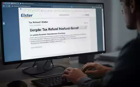 Nahaufnahme eines Computerbildschirms mit einer gefälschten Elster-E-Mail und Händen, die über einer Tastatur schweben. - Foto: über boerse-global.de