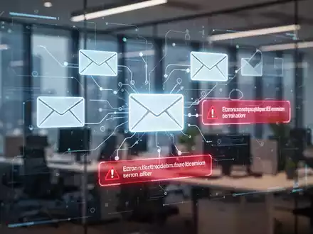 A digital interface showing email icons and error messages, set against a blurred background of a modern office. - Foto: über boerse-global.de