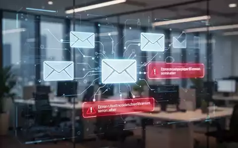A digital interface showing email icons and error messages, set against a blurred background of a modern office. - Foto: über boerse-global.de