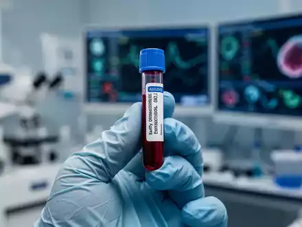 Ein Blutröhrchen, das von einer behandschuhten Hand in einem Labor gehalten wird, mit verschwommenen wissenschaftlichen Geräten im Hintergrund. - Foto: über boerse-global.de