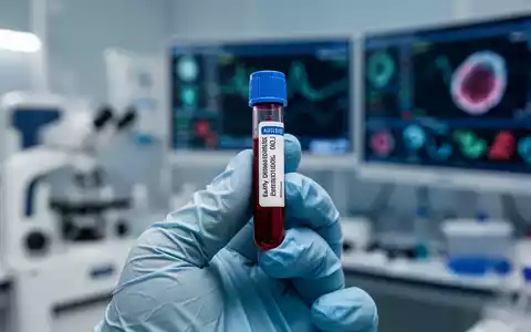Ein Blutröhrchen, das von einer behandschuhten Hand in einem Labor gehalten wird, mit verschwommenen wissenschaftlichen Geräten im Hintergrund. - Foto: über boerse-global.de