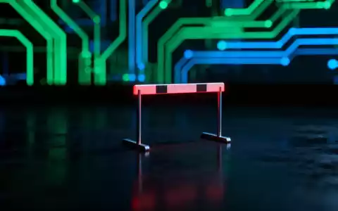 Eine stilisierte digitale Hürde, rot leuchtend, auf dunklem Untergrund, mit verschwommenen Tech-Linien im Hintergrund. - Foto: über boerse-global.de