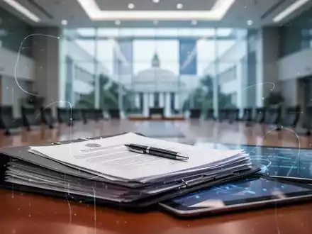 Ein Stapel offizieller Dokumente auf einem Konferenztisch mit verschwommenem Hintergrund eines modernen Regierungsgebäudes. - Foto: über boerse-global.de