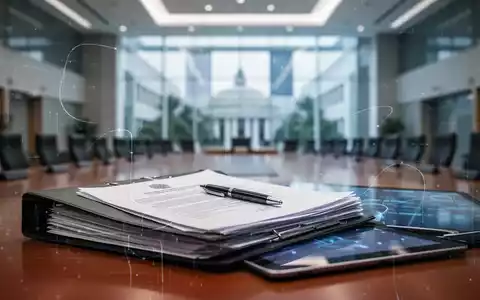 Ein Stapel offizieller Dokumente auf einem Konferenztisch mit verschwommenem Hintergrund eines modernen Regierungsgebäudes. - Foto: über boerse-global.de