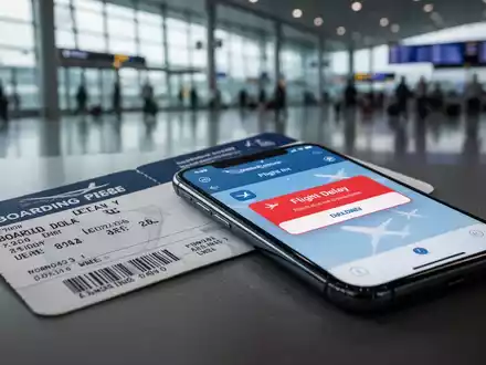 Ein Passagier blickt auf eine Flugverspätungsbenachrichtigung auf seinem Smartphone, mit einem unscharfen Flughafen im Hintergrund. - Foto: über boerse-global.de