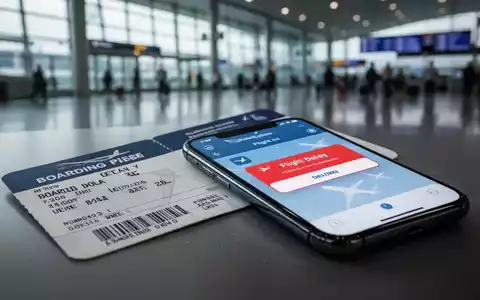 Ein Passagier blickt auf eine Flugverspätungsbenachrichtigung auf seinem Smartphone, mit einem unscharfen Flughafen im Hintergrund. - Foto: über boerse-global.de