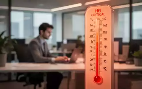 Ein Thermometer zeigt hohe Temperaturen in einer modernen Büroumgebung, mit einer verschwommenen Person, die im Hintergrund arbeitet. - Foto: über boerse-global.de