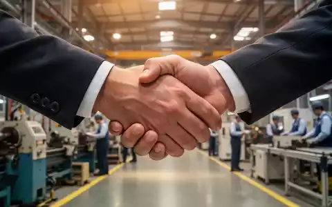 Zwei Hände schütteln sich fest über dem unscharfen Hintergrund einer modernen Fabrikhalle, die Unternehmensübergaben symbolisiert. - Foto: über boerse-global.de