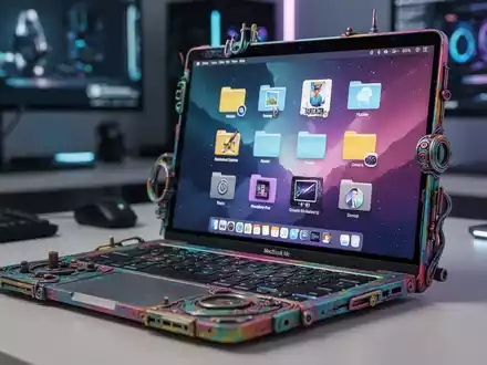 A close-up of a colorful, customized MacBook Neo laptop with unique hardware and personalized software icons on the screen. - Foto: über boerse-global.de