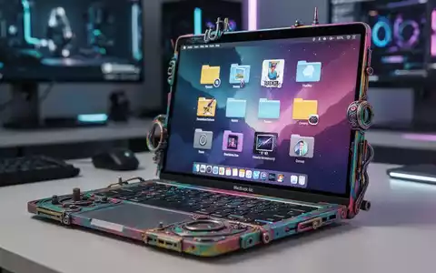 A close-up of a colorful, customized MacBook Neo laptop with unique hardware and personalized software icons on the screen. - Foto: über boerse-global.de