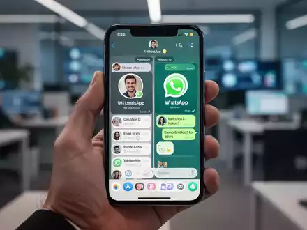 A hand holding an iPhone displaying two distinct WhatsApp chat interfaces side-by-side, symbolizing multiple accounts. - Foto: über boerse-global.de