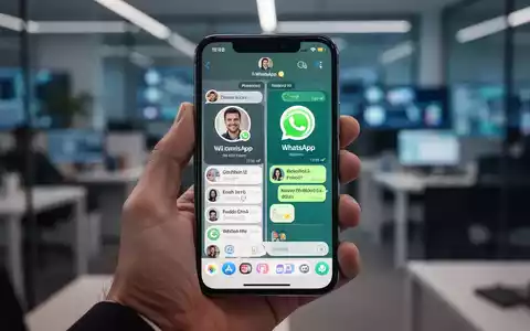 A hand holding an iPhone displaying two distinct WhatsApp chat interfaces side-by-side, symbolizing multiple accounts. - Foto: über boerse-global.de