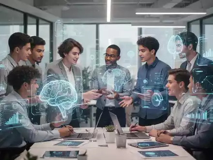 Junge Fachkräfte arbeiten in einem modernen Büro zusammen, interagieren mit holografischen Bildschirmen und zeigen Kommunikation und Teamarbeit. - Foto: über boerse-global.de