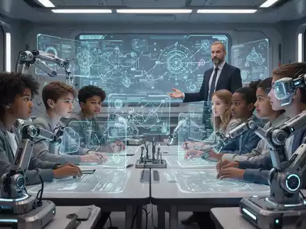 Schülerinnen und Schüler arbeiten in einem MINT-Klassenzimmer mit Robotern und interaktiven Displays, während eine Lehrkraft zuschaut. - Foto: über boerse-global.de