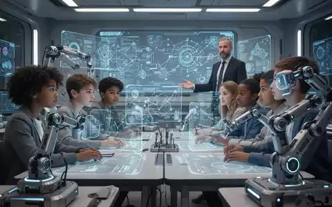 Schülerinnen und Schüler arbeiten in einem MINT-Klassenzimmer mit Robotern und interaktiven Displays, während eine Lehrkraft zuschaut. - Foto: über boerse-global.de
