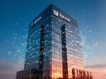 Modernes Bankgebäude mit stilisierten digitalen Linien und leuchtenden Knoten, die Echtzeit-Datenfluss symbolisieren. - Foto: über boerse-global.de
