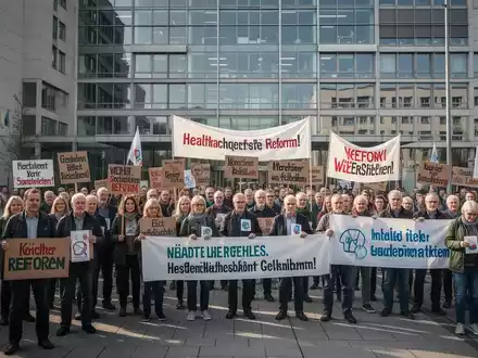 Protestierende versammeln sich vor einem modernen Krankenhausgebäude in Ingolstadt, Deutschland, mit Plakaten und Bannern. - Foto: über boerse-global.de