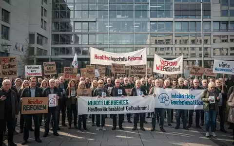 Protestierende versammeln sich vor einem modernen Krankenhausgebäude in Ingolstadt, Deutschland, mit Plakaten und Bannern. - Foto: über boerse-global.de