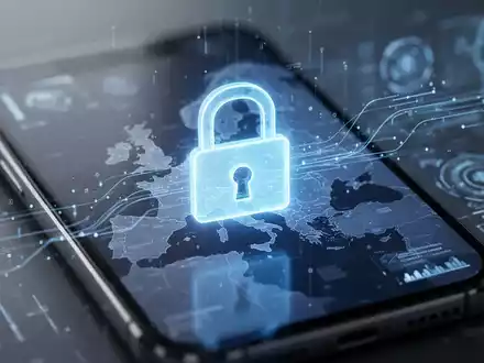 A glowing blue digital padlock over a blurred map of the European Union, with data streams and a subtle smartphone AI interface. - Foto: über boerse-global.de