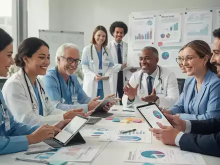 Eine vielfältige Gruppe von Fachleuten, darunter Pflegekräfte und Büroangestellte, arbeitet gemeinsam an einem Gesundheitsprojekt. - Foto: über boerse-global.de