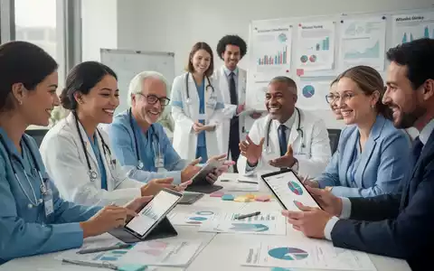 Eine vielfältige Gruppe von Fachleuten, darunter Pflegekräfte und Büroangestellte, arbeitet gemeinsam an einem Gesundheitsprojekt. - Foto: über boerse-global.de