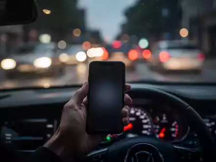 Eine unscharfe Straßenansicht aus der Perspektive eines Autos, mit einer Hand, die ein Smartphone hält und dessen Bildschirm leuchtet. - Foto: über boerse-global.de