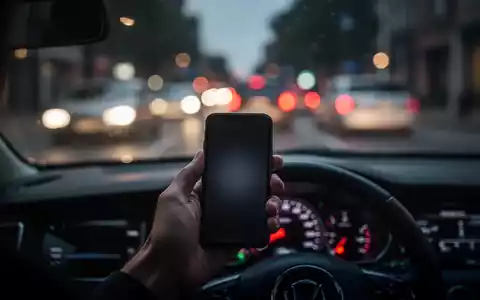 Eine unscharfe Straßenansicht aus der Perspektive eines Autos, mit einer Hand, die ein Smartphone hält und dessen Bildschirm leuchtet. - Foto: über boerse-global.de