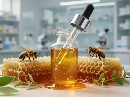 Nahaufnahme eines goldenen Propolis-Extrakts in einer Pipettenflasche, umgeben von Honigwaben und grünen Blättern. Fokus auf Reinheit und Naturheilkunde. - Foto: über boerse-global.de