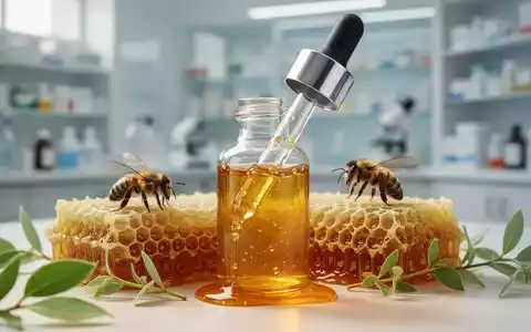 Nahaufnahme eines goldenen Propolis-Extrakts in einer Pipettenflasche, umgeben von Honigwaben und grünen Blättern. Fokus auf Reinheit und Naturheilkunde. - Foto: über boerse-global.de