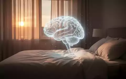Ein ruhiges Schlafzimmer bei Sonnenaufgang, sanftes Licht fällt auf ein Bett, mit einem stilisierten Gehirn als Symbol für kognitive Gesundheit. - Foto: über boerse-global.de