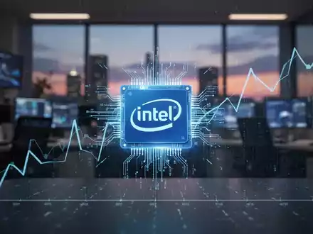 Ein stilisierter, blau leuchtender Mikrochip, der Intel repräsentiert, umgeben von einem aufwärts gerichteten digitalen Diagramm. - Foto: über boerse-global.de