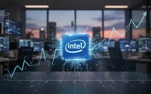 Ein stilisierter, blau leuchtender Mikrochip, der Intel repräsentiert, umgeben von einem aufwärts gerichteten digitalen Diagramm. - Foto: über boerse-global.de