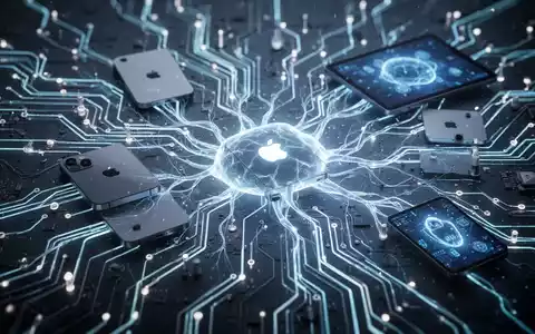 Nahaufnahme einer leuchtenden Leiterplatte mit verschwommenen Apple-Geräten im Hintergrund, die KI und Software-Updates symbolisiert. - Foto: über boerse-global.de