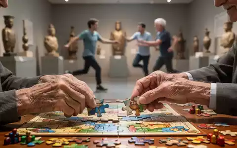 Ăltere HĂ€nde lösen ein Puzzle, wĂ€hrend im Hintergrund verschwommen Menschen leichte körperliche AktivitĂ€ten ausĂŒben und kulturelle Objekte zu sehen sind. - Foto: ĂŒber boerse-global.de