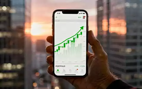 Eine Hand hält ein Smartphone mit einem positiven Aktienchart, verschwommener Finanzdistrikt im Hintergrund bei Sonnenuntergang. - Foto: über boerse-global.de