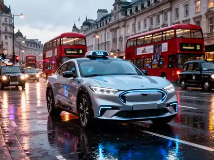 An autonomous Ford Mustang Mach-E robotaxi drives through a rainy London street at dusk, reflecting city lights. - Foto: über boerse-global.de