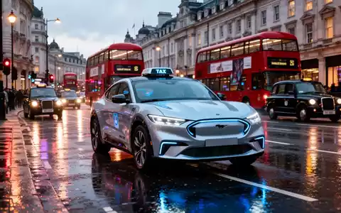An autonomous Ford Mustang Mach-E robotaxi drives through a rainy London street at dusk, reflecting city lights. - Foto: über boerse-global.de