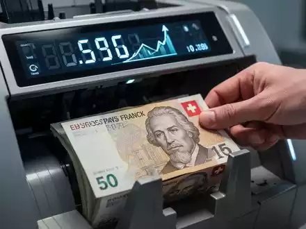 Nahaufnahme einer Schweizer Franken Banknote, die von einer industriellen Zählmaschine gezählt wird, mit Fokus auf Technologie und Finanzen. - Foto: über boerse-global.de