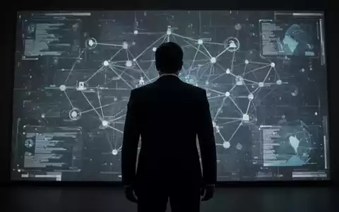 Eine schattenhafte Figur vor einem großen, bedrohlichen digitalen Bildschirm, der abstrakte Daten oder ein Netzwerkdiagramm anzeigt. - Foto: über boerse-global.de