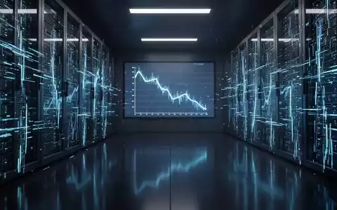 Ein minimalistischer Serverraum mit blauen Datenströmen und einem subtil eingeblendeten digitalen Diagramm mit leichtem Abwärtstrend. - Foto: über boerse-global.de