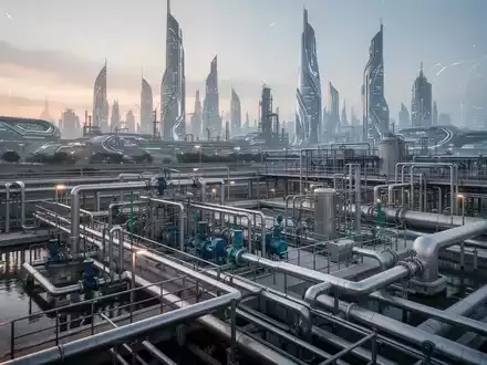 Modernes Wasserwerk mit komplexen Rohren und Maschinen vor einem Hightech-Industriecluster bei Sonnenaufgang. - Foto: über boerse-global.de